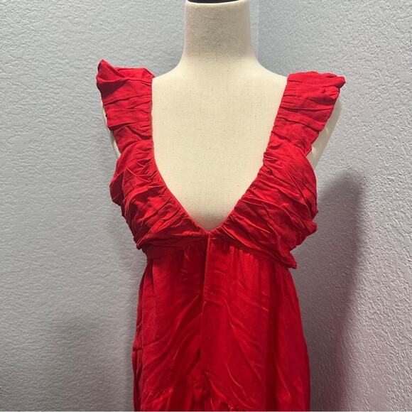 Jason Wu Size XL Red Linen Blend Ruffle Tiered Maxi Dress Resort Coastal Elegant - Picture 2 of 7